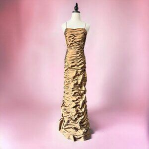 Cachet Gold Ruched Prom Dress